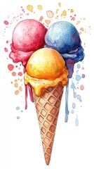 Colorful ice cream scoops on a waffle cone. Melted drips and watercolor splashes add vibrancy
