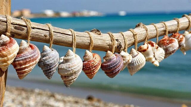 Colorful seashells hanging on a rustic wooden pole by the beach with a serene ocean backdrop