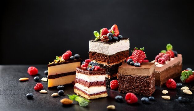assorted large pieces of different cakes chocolate raspberries strawberries nuts blueberries pieces of cakes on a black table