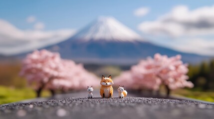 Miniature fox and small animal figurines on a path surrounded by cherry blossoms with majestic Mount Fuji in the background creating a serene landscape