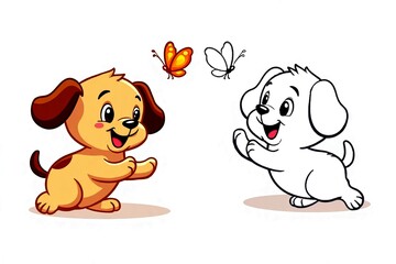 Cartoon puppies joyfully frolicking while chasing butterflies, presenting a scene of playfulness and innocence, coloring book includes a colorful and an outlined puppy, enhancing its playful essence