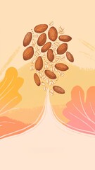 Almonds and oats appear to float together in a creative composition. The background features abstract shapes and warm hues, enhancing the artistic appeal of the illustration