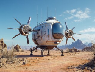 Fototapeta premium Futuristic Exploration Craft: A sleek, spherical vessel stands on a desert landscape, ready for adventure. Propellers for vertical takeoff.