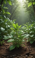 Delicate coffee seedlings emerge in lush green foliage ,  leaf,  healthy plant