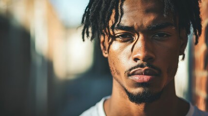 Serious black man in streetwear, alley background, cinematic shadow play, urban portrait style