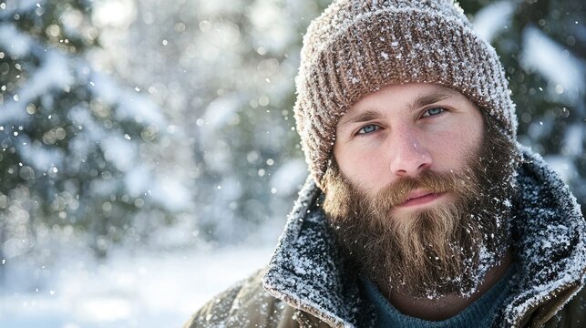 Serious bearded man with beanie, winter jacket, snow-covered outdoor setting, natural light, editorial feel