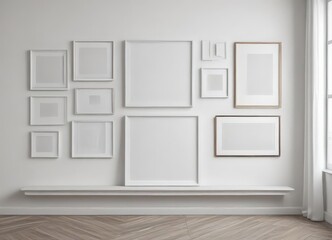 Modern gallery wall mockup  White wall, diverse frames ,  styles,  minimalist