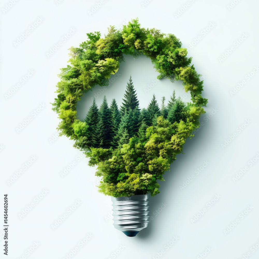 Poster 緑葉で作られた電球の形状内にある森林の風景 白い背景に明るい照明と自然保護のコンセプト