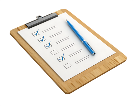 Clipboard with checklist and pen showing completed tasks and pending items on a black background