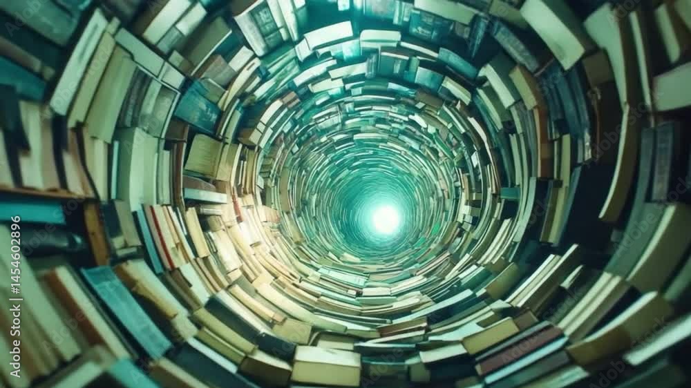 Poster enchanting spiral tunnel of old books with glowing light at the center capturing the essence of read