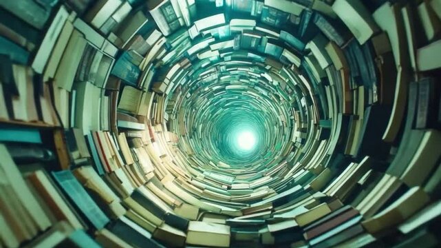 Enchanting Spiral Tunnel of Old Books with Glowing Light at the Center Capturing the Essence of Reading and Imagination