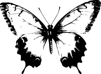 Black and White Illustration of a Butterfly with Detailed and Symmetrical Wing Patterns
