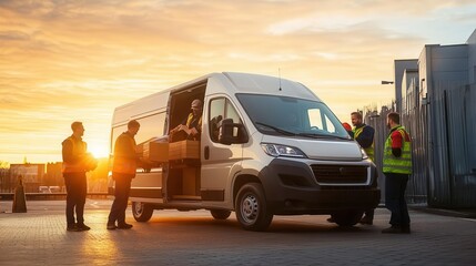 Urban logistics team loading van at sunrise