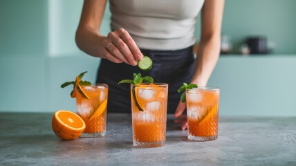 Woman garnishing orange cocktails with cucumber and mint on kitchen counter