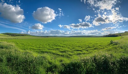 Naklejka premium Vast Green Field Under Sunny Sky