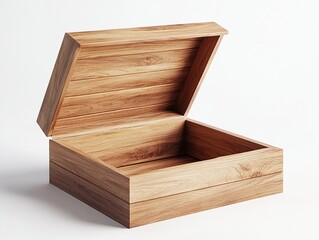 Open, light brown wooden box with a hinged lid, resting on a plain, bright white surface in studio lighting.