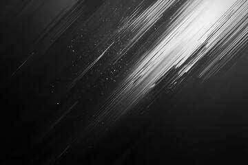 "Abstract black and white streaks with light reflections and subtle particles on a dark background"

