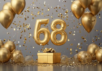 Golden Birthday Celebration with Balloons, Confetti, and Gifts