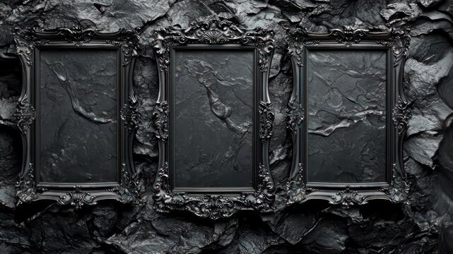 Dark, ornate picture frames on a rocky backdrop