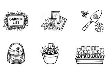 Set of black and white illustrations featuring elements of gardening, including a garden-themed frame, plant pots, a basket of eggs, and a trowel. Ideal for garden-related design projects