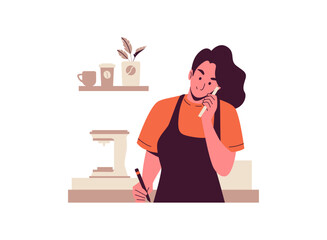 Illustration of an Coffeeshop Barista Calling Cartoon Character