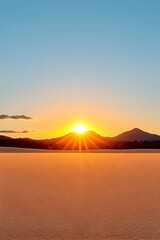 Vibrant sunrise over a flat, orange landscape, silhouetted mountains in the distance.  Sun rays burst outwards