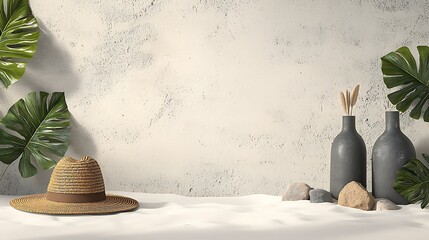 Light and airy, minimalist, beige aesthetic with straw hat, tropical leaves, and textured vases