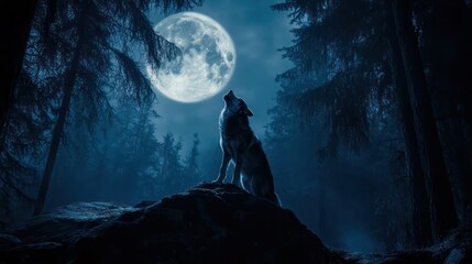 Full moon over night forest with silhouette wolf