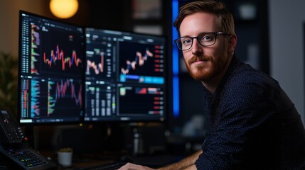 Man with glasses in front of stock market graphs on monitors