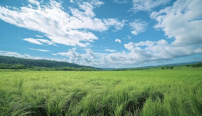 Fototapeta premium Vast Green Field Under Sunny Blue Sky