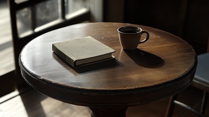 Obraz premium Quiet Coffee Shop Moment: A Book, a Cup, and the Warmth of Sunlight