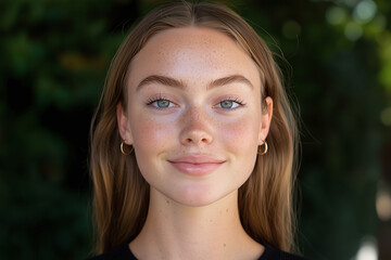 youthful portrait featuring woman with clear skin, defined features, and natural makeup, exuding confidence and warmth. Her long hair frames her face beautifully