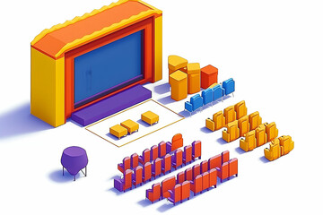 Colorful isometric movie theatre interior