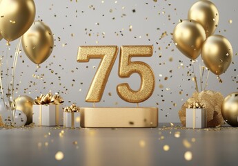 Gold Glittery 75th Birthday Celebration with Balloons and Confetti