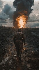 Obraz premium Lone figure trudges towards a fiery blast in a war-torn landscape, symbolizing resilience amidst devastation.