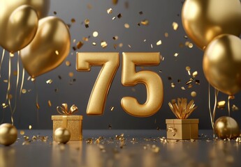 Golden 75th Anniversary Celebration with Balloons and Confetti