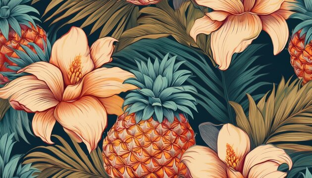 vintage seamless tropical flowers with pineapple pattern background generative ai