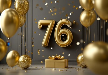 Golden Celebration with Balloons, Gift Box, and Confetti for Events