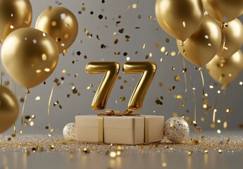 Golden Celebration with Balloons and Gift Box for 77th Birthday