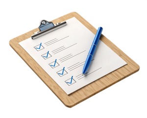 A clipboard with a checklist of items completed and a blue pen resting on the document surface
