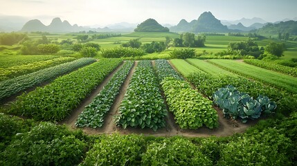 Fototapeta premium Lush farmland with rows of various vegetables