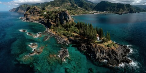 Coastal cliffs and lush greenery along the vibrant shoreline of a tropical island during daylight