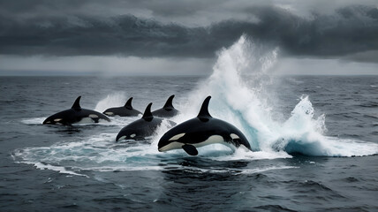 Fototapeta premium orca whales jumping out of water