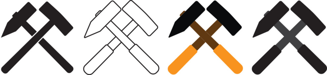 Two Crossed Hammers Icon, isolated on white background. Carpenter's, builder's working tool. Tool with wooden handle and steel base, for hammering nails. Realistic vector illustration