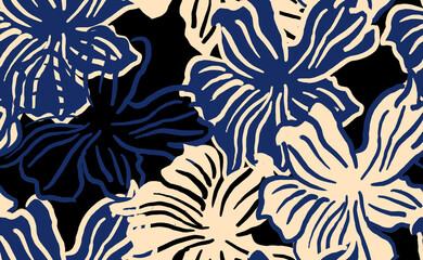 Seamless flower pattern. Abstract pattern. Textile print pattern. Black background. Navy blue beige flower.