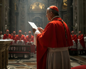 Catholic cardinal standing by the altar, holding a folded ballot as he prepares to cast his vote during the papal conclave.