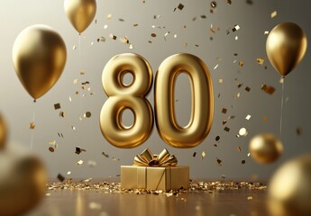 Golden 80th Birthday Celebration with Balloons and Confetti Decor