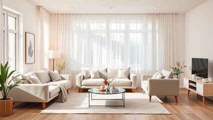 Fototapeta premium Neutral Color Scheme Living Room, Cozy Ambiance, Minimalist Design