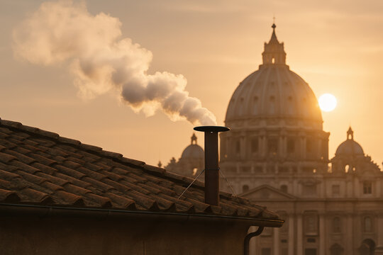 White smoke rises from the chapel chimney at sunset, signaling the election of a new pope during the papal conclave.