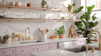 Stylish Pink Kitchen with Gold Accents and Lush Greenery